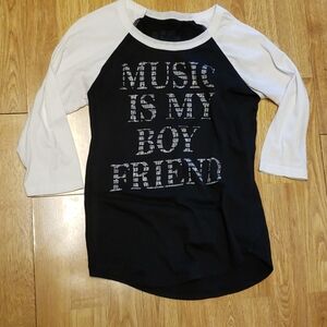 B/W Music is my boyfriend raglan tee XS